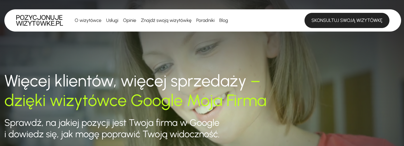 Screen strony pozycjonujewizytowke.pl na której można sprawdzić pozycje wizytówki Google i zamówić jej darmową analizę
